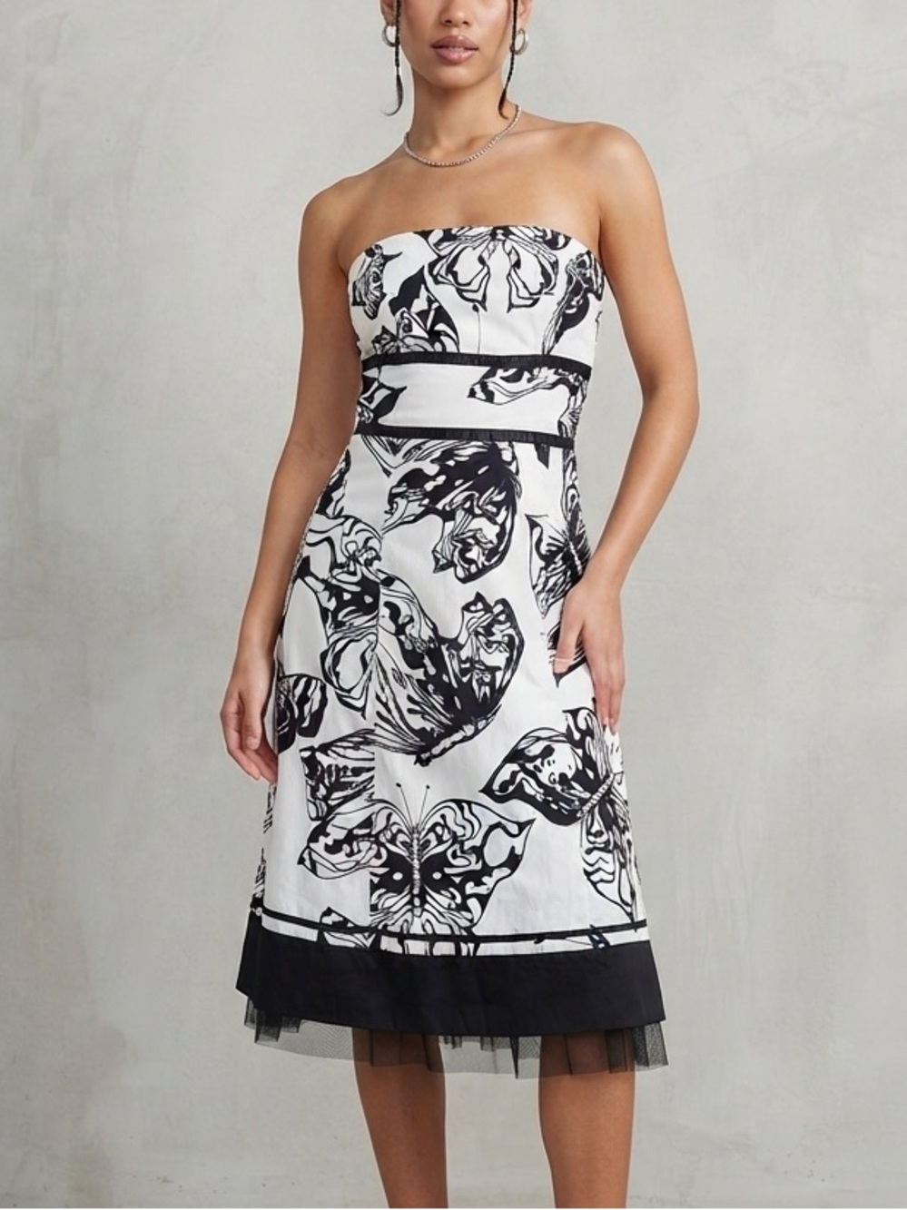 Y2K Le Chateau Strapless Black & White Butterfly Tube Midi Dress Size XS